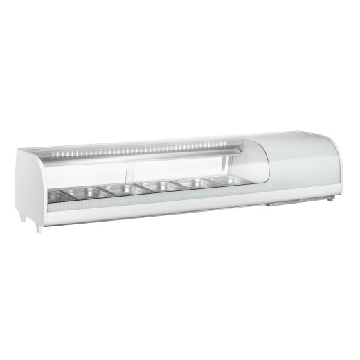 Vetrina frigo sushi 150x40,6x31,6h cm 6 gn 1/3 refrigerata da banco bianca con vetri curvi e motore incorporato