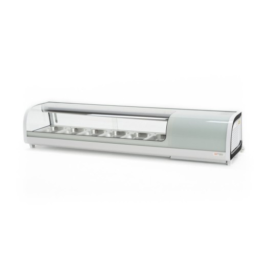 Vetrina frigo sushi 152,9x42x26,5h cm 6 gn 1/3 refrigerata da banco bianca con vetri curvi e motore incorporato