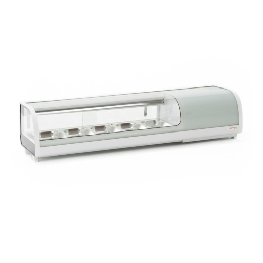Vetrina frigo sushi 135,2x42x26,5h cm 5 gn 1/3 refrigerata da banco bianca con vetri curvi e motore incorporato