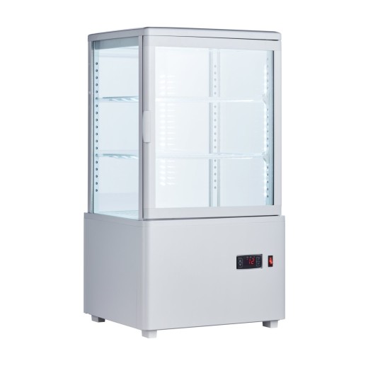 Vitrine réfrigérée pour boissons et pâtisseries, 4 côtés en verre blanc, 58 litres, +2 à +10 °C, 44,7 x 40 x 81,9 h cm