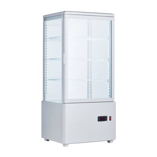 Vitrine réfrigérée pour boissons et pâtisseries, 4 côtés en verre blanc, 78 litres, +2 à +10 °C, 44,7 x 40 x 96,9 h cm
