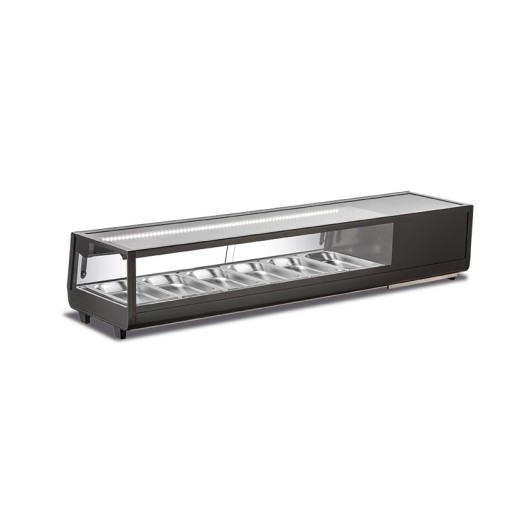 Vitrine réfrigérée de comptoir pour sushis, avec vitres droites et moteur intégré, 152,9 x 40,6 x 31,8 h cm, 6 bacs GN 1/3 de 325 x 176 mm