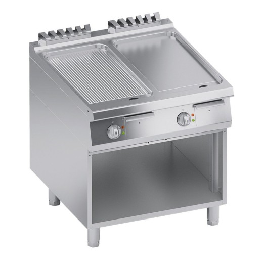 Fry top électrique à compartiment ouvert, plaques surbaissées séparées (1/2 lisse, 1/2 striée), 14 kW, 80 x 90 x 85 (h) cm