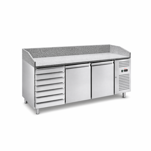 Comptoir à pizza de classe A, 2 portes, 7 tiroirs, 202,5 x 80 x 100 h cm, pour pizzeria ou restaurant, à faible consommation d'énergie, adapté aux climats tropicaux