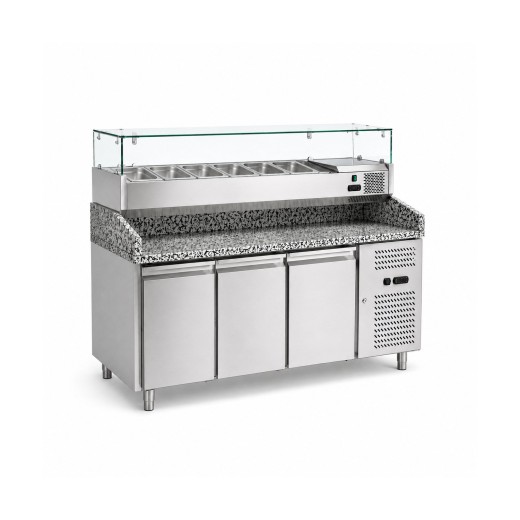 Comptoir à pizza Classe, 3 portes, 202 x 80 x 100 h cm, pour pizzeria ou restaurant, à faible consommation d'énergie, équipé d'une vitrine de présentation comprenant 9 bacs GN 1/3