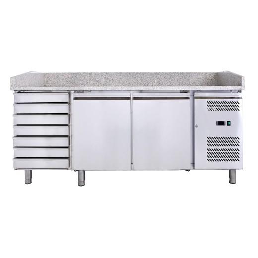 Comptoir à pizza 2 portes, 7 tiroirs, 2020 x 800 x 1000 h mm pour pizzeria ou restaurant - FC