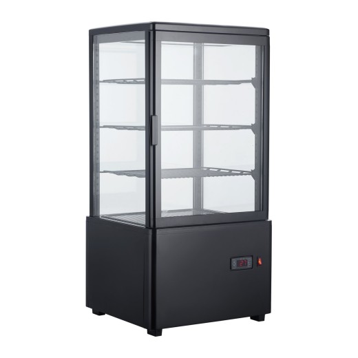Vitrine réfrigérée pour boissons et pâtisseries à double température, 4 côtés en verre noir, 68 litres, +2, +10/+30, +90 °C, 44,7 x 40 x 89,4 h cm