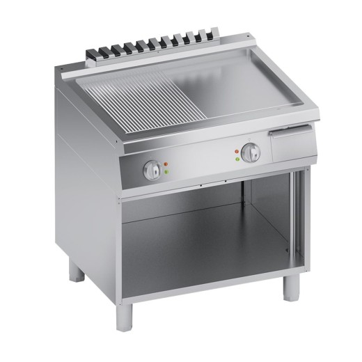 Plaque de cuisson électrique à compartiment ouvert, plaque surbaissée, moitié lisse et moitié striée, 10 kW, 80 x 70 x 85 (h) cm