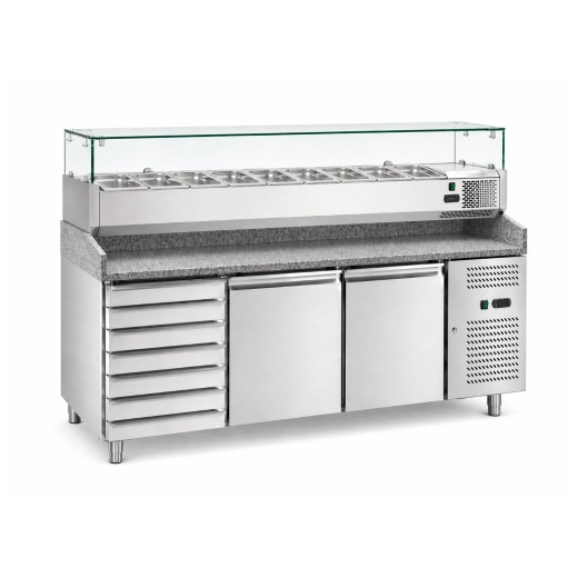 Comptoir à pizza de classe A, 2 portes, 7 tiroirs, 202,5 x 80 x 100 (h) cm, pour pizzeria ou restaurant, à faible consommation d'énergie, équipé d'une vitrine de présentation des dégustations avec 9 bacs GN 1/3