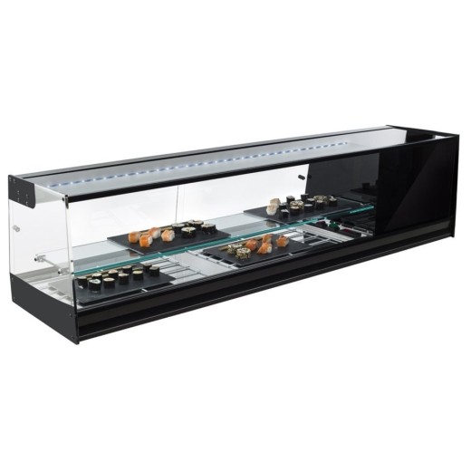 Vitrine réfrigérée à sushis 1216 x 410 x 360 h mm, modèle de comptoir noir avec étagère intermédiaire, vitres droites, moteur intégré et plateau lisse