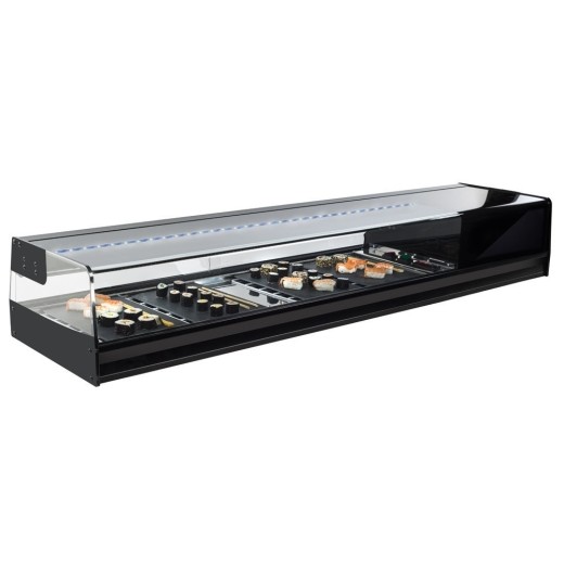 Vitrine réfrigérée à sushis 1216 x 410 x 245 h mm, 4 bacs GN 1/3, réfrigérée, de comptoir, noire, vitres droites, avec moteur intégré