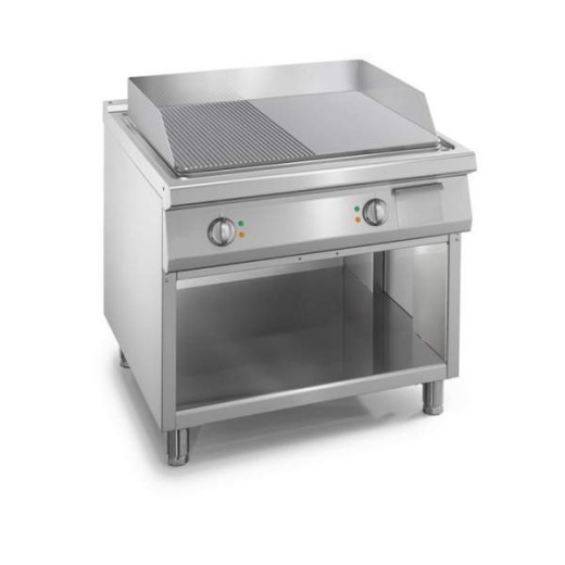 Plaque de cuisson électrique professionnelle « Fry Top » avec surface lisse et rainurée, montée sur un meuble S/90