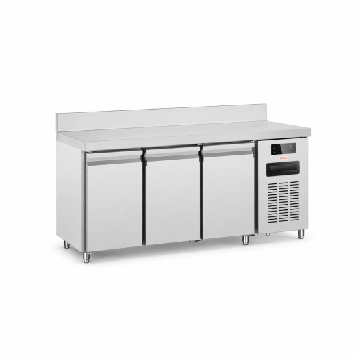 Mesa frigorífica de 3 puertas de acero inoxidable con zócalo, -2 +8 °C, 179,5 x 70 x 85 (altura) cm, adaptada para climas tropicales