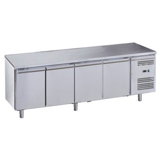 Mesa frigorífica de acero inoxidable con 4 puertas, +2 +8 °C, 223 x 70 x 85 (alto) cm, monobloque - FC