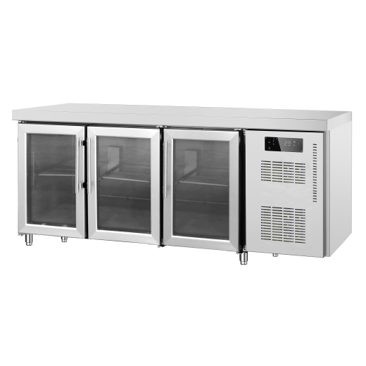 Mesa frigorífica de 3 puertas de cristal, de acero inoxidable, -2 +8 °C, 179,5 x 70 x 85 (altura) cm, adaptada para climas tropicales