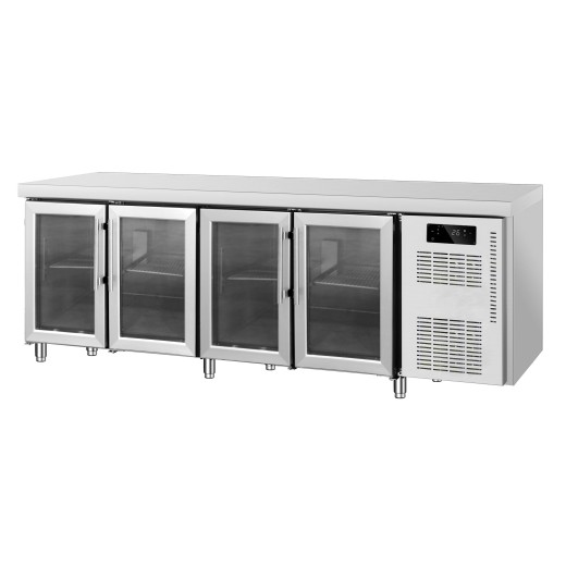 Mesa frigorífica de 4 puertas de cristal, de acero inoxidable, -2 +8 °C, 223 x 70 x 85 (altura) cm, adaptada para climas tropicales