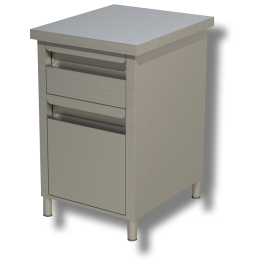 Cómoda de acero inoxidable con un cajón y un botellero de 500 x 700 x 850 (altura) mm