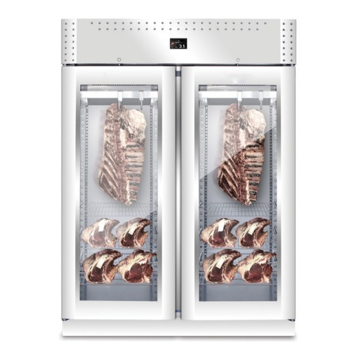 Armário de maturação de carne em aço inoxidável, com 2 portas de vidro e perfis em aço, capacidade de 1365 litros