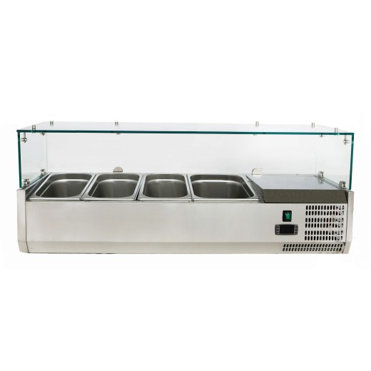 Vitrine refrigerada para condimentos e molhos de pizza GN 1/3 + 1/2 1200 x 395 x 435 (altura) mm, +2 a +8 °C, com motor à direita
