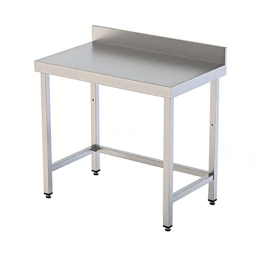 Mesa em aço inoxidável com 80 x 60 x 95 h cm, com pernas com estrutura e painel frontal VS