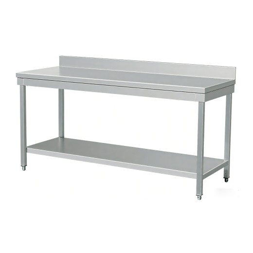 Mesa em aço inoxidável com 80 x 60 x 95 h cm, com pernas, base e painel frontal VS