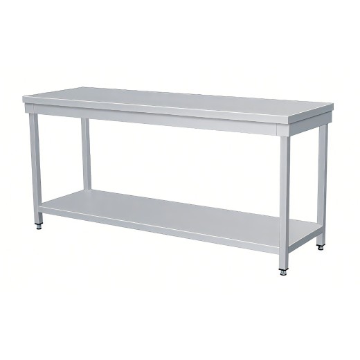 Mesa em aço inoxidável com 90 x 80 x 85 h cm, com pernas e base VS