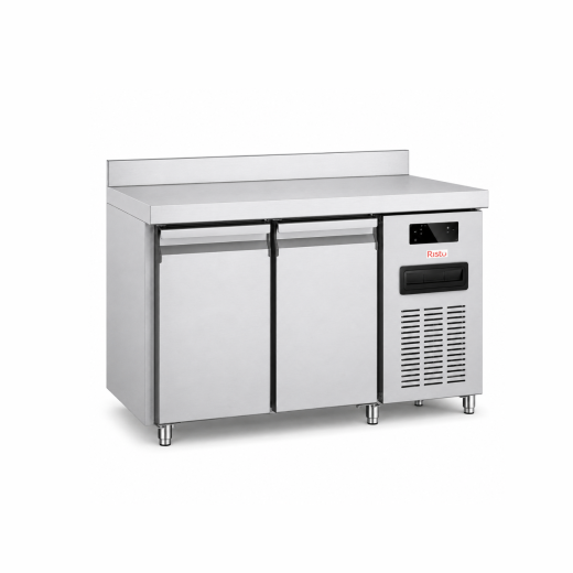 Mesa frigorífica de 2 portas em aço inoxidável com painel frontal, -2 +8 °C, 136 x 60 x 85 (altura) cm, adaptada para clima tropical