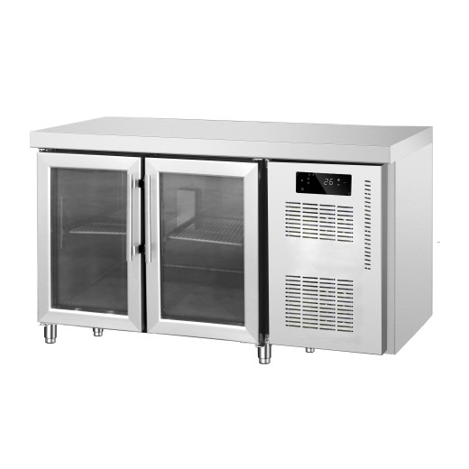 Mesa frigorífica com 2 portas de vidro, em aço inoxidável, -2 +8 °C, 136 x 70 x 85 (altura) cm, adaptada para clima tropical