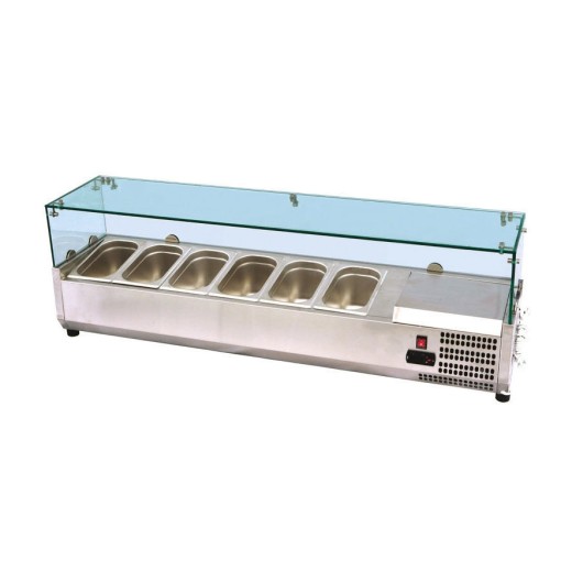 Vitrine refrigerada de baixo consumo energético para condimentos, 150,5 x 33,5 x 43,5 (altura) cm, compartimento para ingredientes de pizza GN 1/4, 0+8 °C, com motor à direita