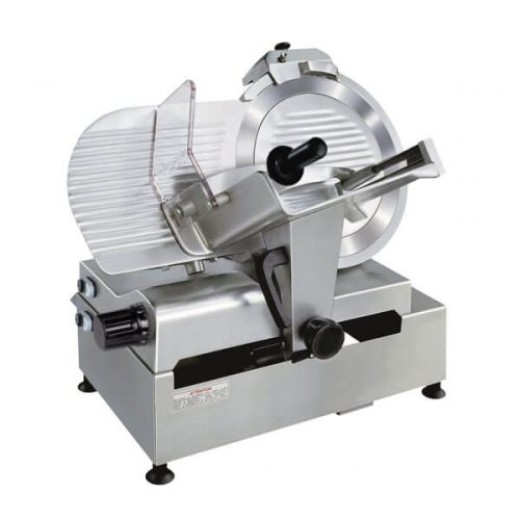 Fatiadora automática de enchidos com sistema profissional de biela e manivela, afiador fixo e lâmina cromada de Ø 350 mm, 0,30 kW