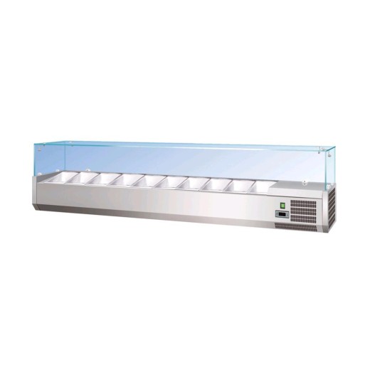 Vitrine refrigerada para tabuleiros de 1/3 com vidros planos, profundidade de 380 mm, 1200 x 380 x 400 (alt.) mm, 4 tabuleiros: 3 GN 1/3 + 1 GN 1/2