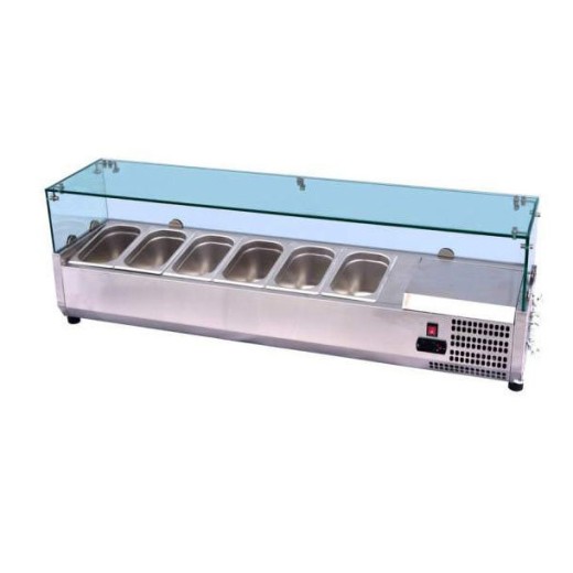 Vitrine refrigerada de baixo consumo energético para condimentos, 120,5 × 39,5 × 43,5 h cm, compartimento para sabores de pizza GN 1/3, 0+8 °C, com motor à direita