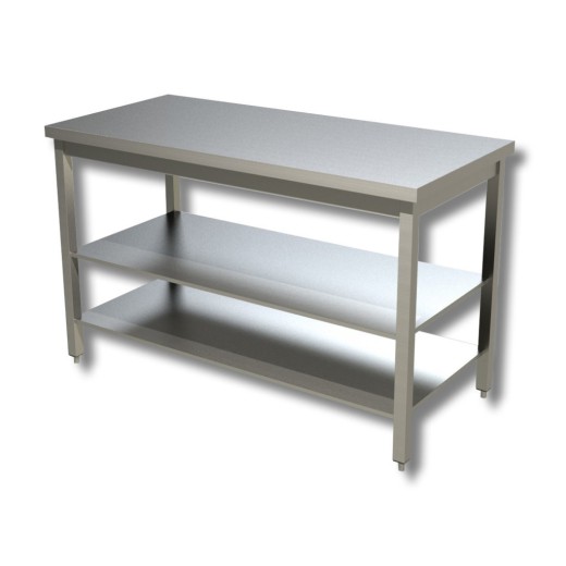 Mesa com pernas em aço inoxidável, com 2 prateleiras de 600 mm de profundidade, 400 x 600 mm