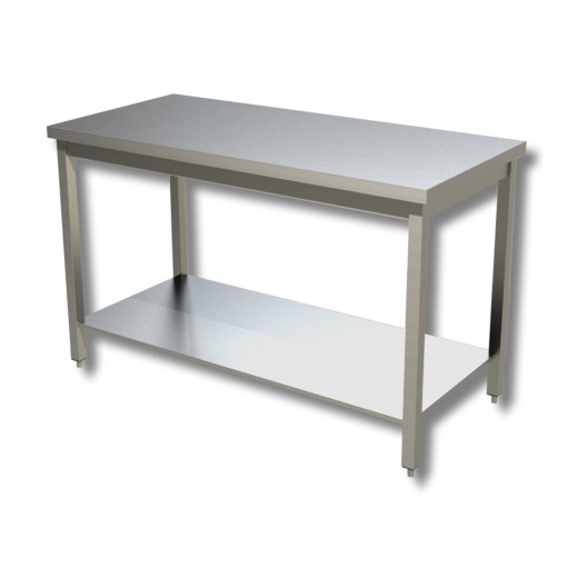 Mesa com pernas em aço inoxidável e tampo inferior com 600 mm de profundidade e dimensões de 500 x 600 mm