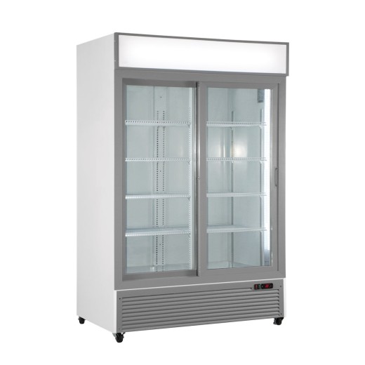 Refrigerated drinks display cabinet with micro-ventilation, double sliding glass doors, digital thermometer, 534 litres, +0 to +10 °C, white