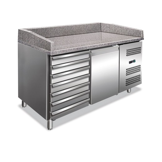 Pizzatisch mit 1 Tür und 7 Schubladen, 151,5 x 80 x 100 (H) cm, für Pizzeria und Restaurant – KI