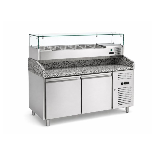 Pizzatheke der Klasse A, 2-türig, 151 x 80 x 100 (H) cm, für Pizzerien und Restaurants, energiesparend, komplett mit Vitrine für Kostproben mit 7 GN-Behältern der Größe 1/4