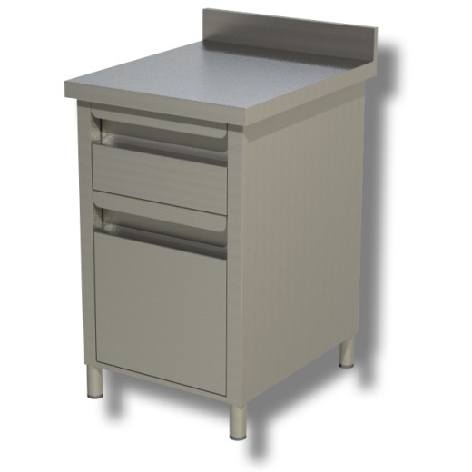 Edelstahl-Kommode mit Aufkantung, Schublade und Flaschenregal, 500 × 600 × 850 (H) mm